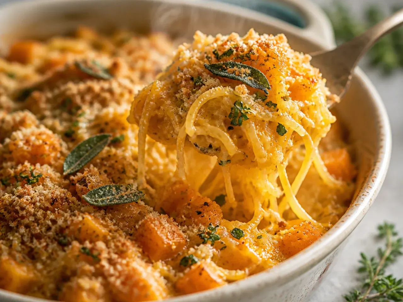 Spaghetti squash and roasted butternut tossed with brown butter and crispy sage