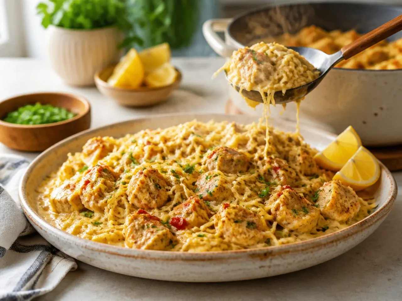 Sliced Cajun chicken over creamy spaghetti squash strands in a skillet