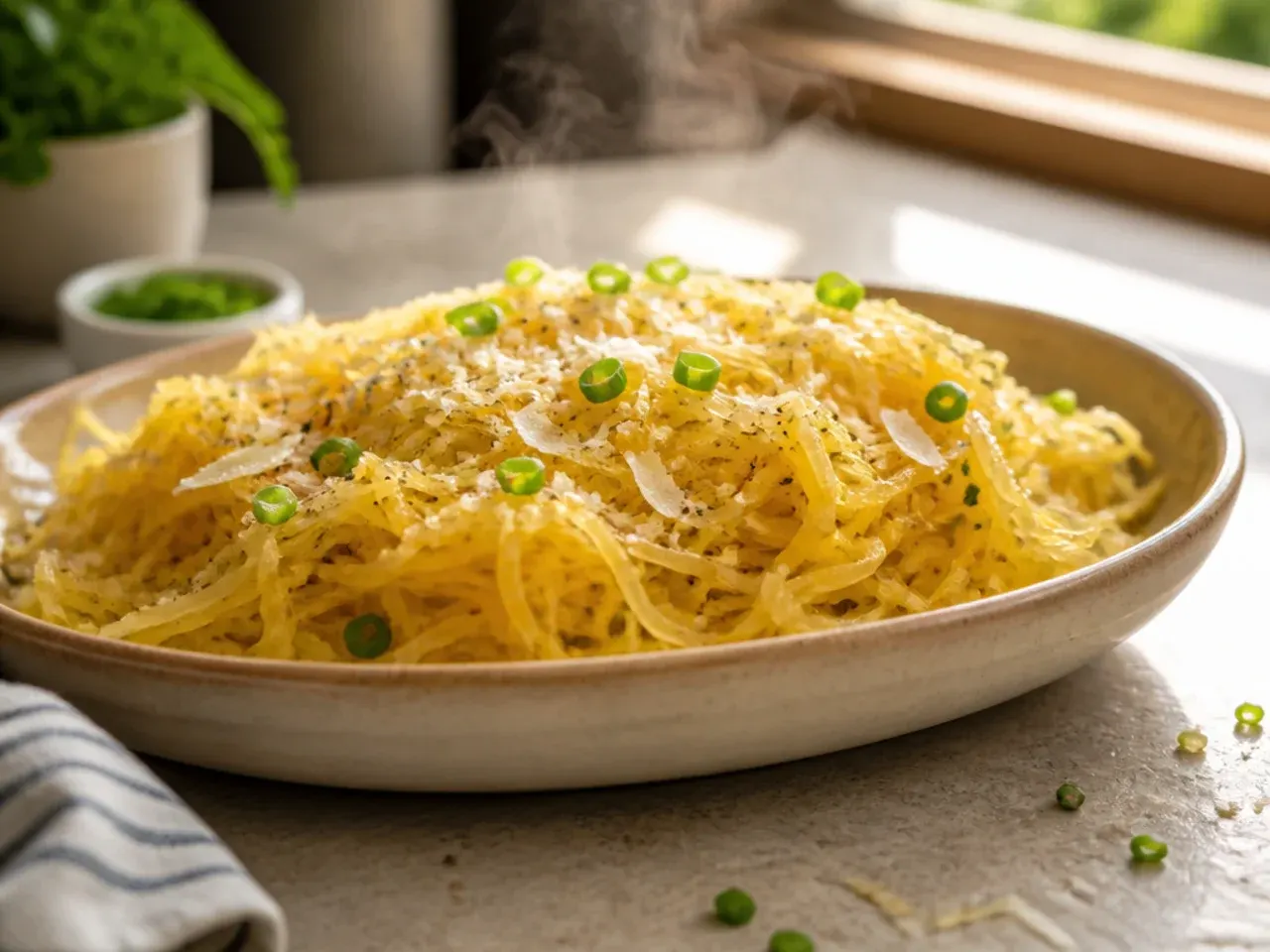 Spaghetti squash strands tossed simply with olive oil, fresh herbs and lemon
