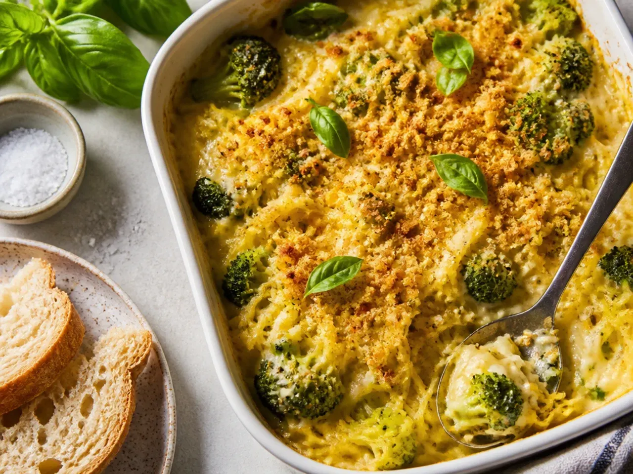 Cheesy broccoli and spaghetti squash bake with a golden cheddar top