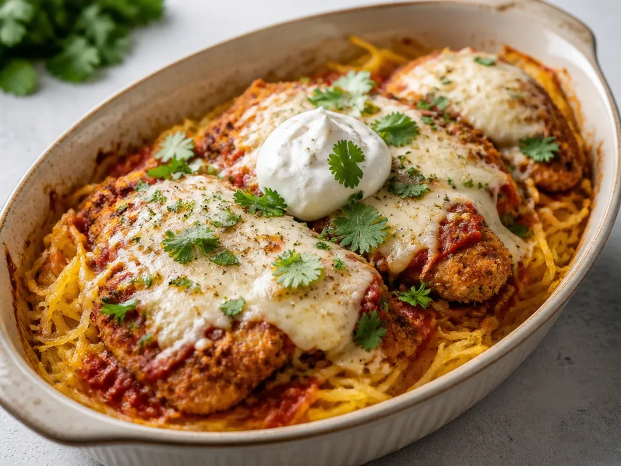 Breaded chicken parmesan with melted mozzarella served over spaghetti squash