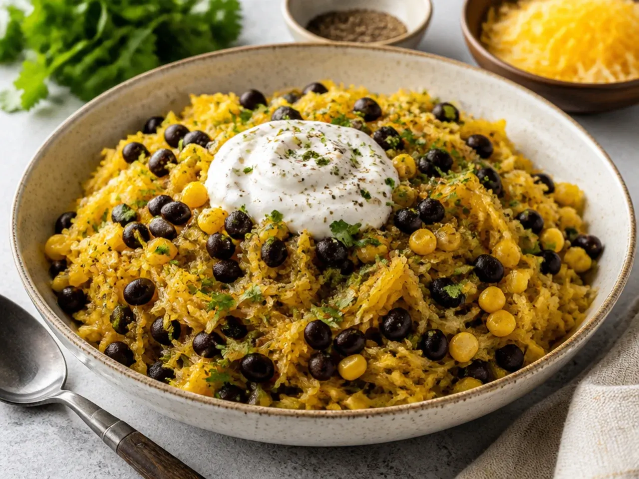Black bean and sweetcorn spaghetti squash bowl with lime and coriander