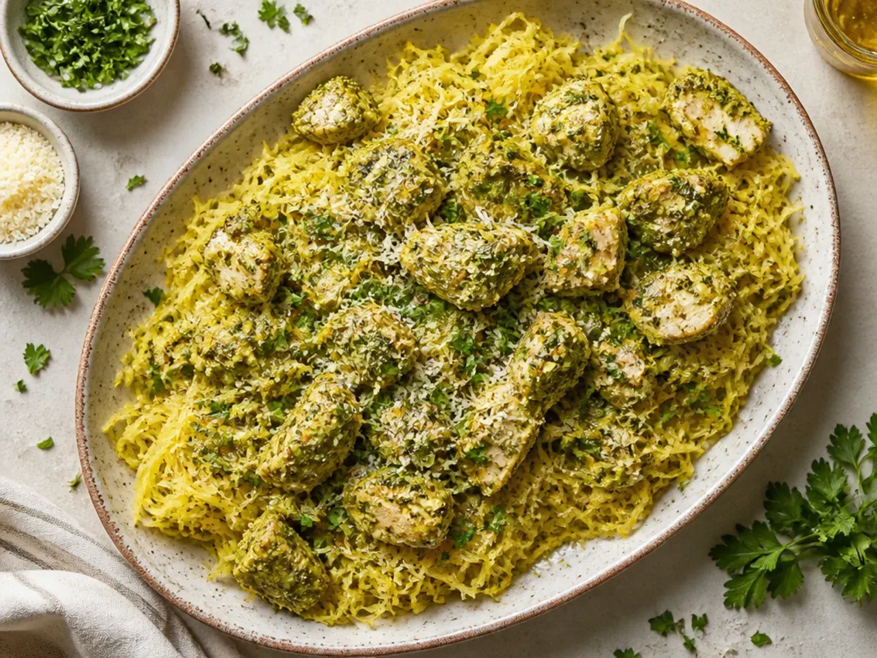 Diced pesto chicken tossed through warm spaghetti squash strands