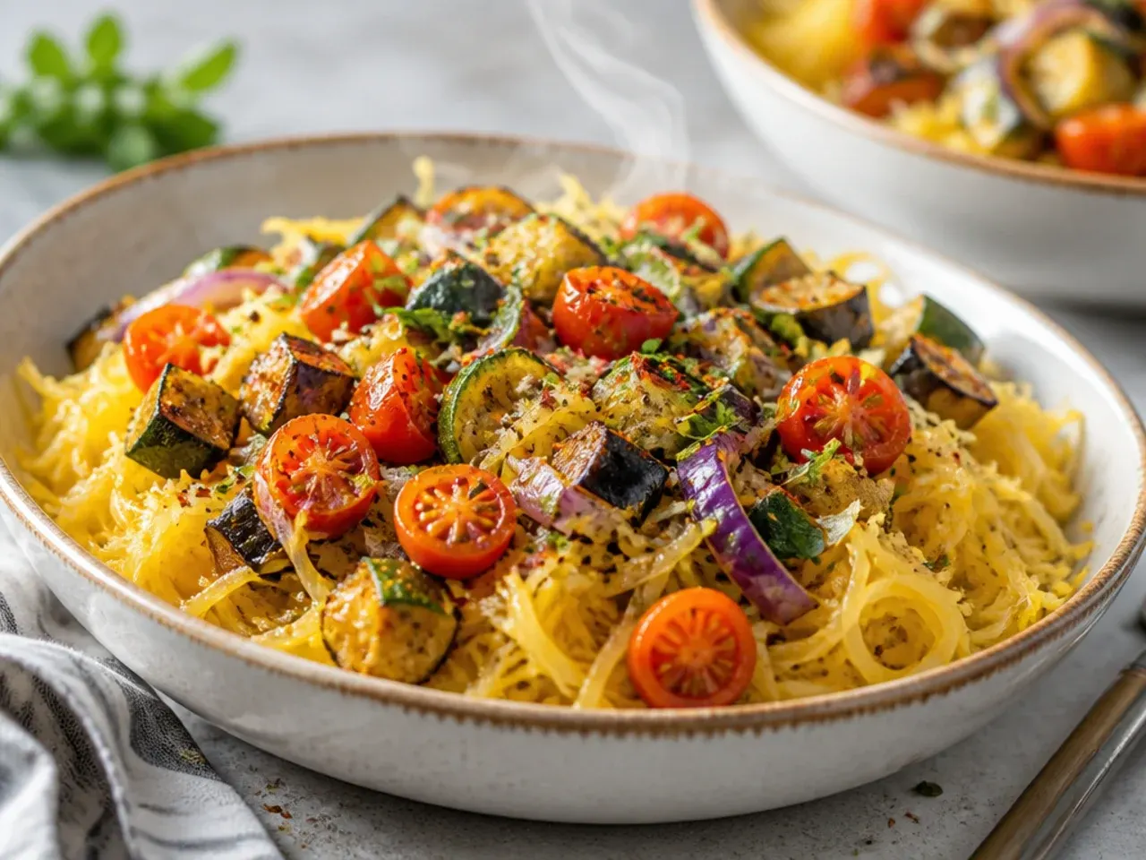 Roasted seasonal vegetables tossed with spaghetti squash and a garlic vinaigrette