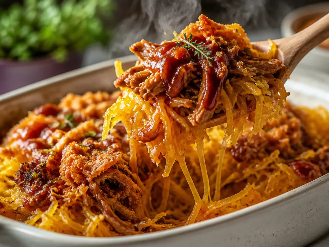BBQ pulled pork piled over spaghetti squash with pickled red onion