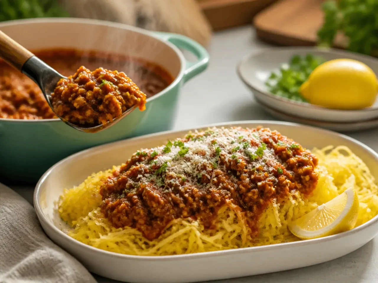 Sliced glazed mini meatloaves served over spaghetti squash strands