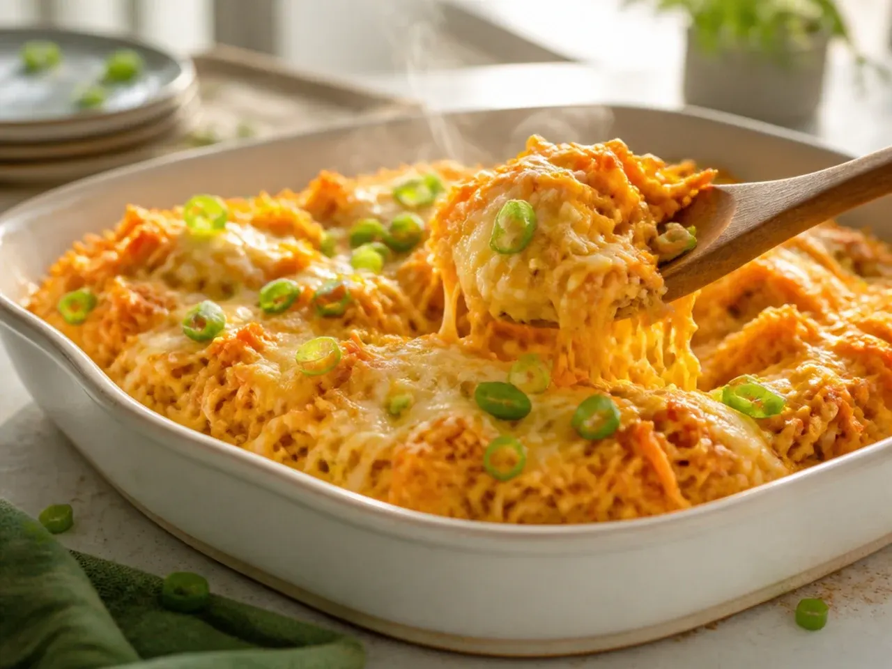 Buffalo chicken spaghetti squash drizzled with blue cheese dressing and spring onion