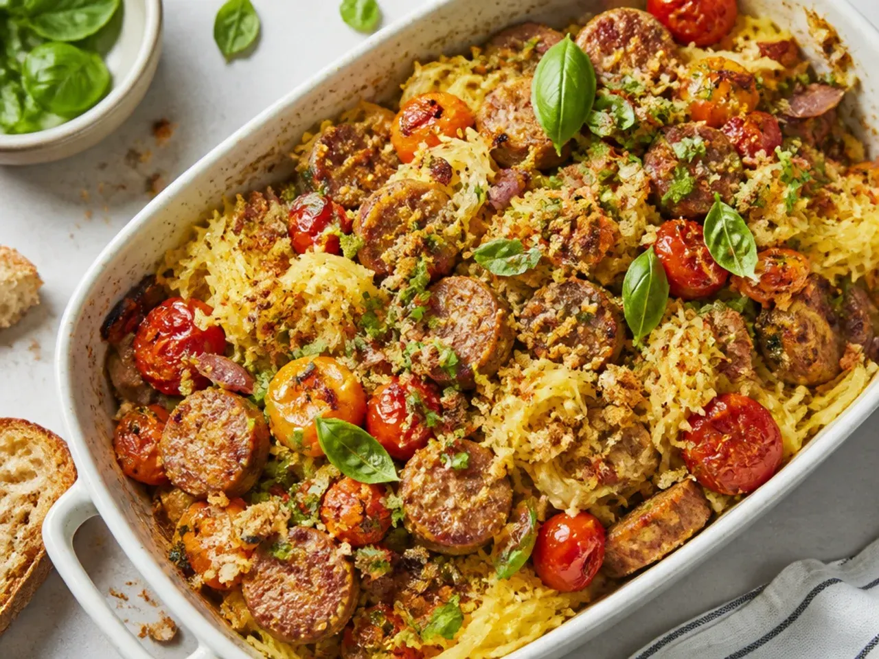 Sheet pan with roasted sausage, cherry tomatoes and halved spaghetti squash