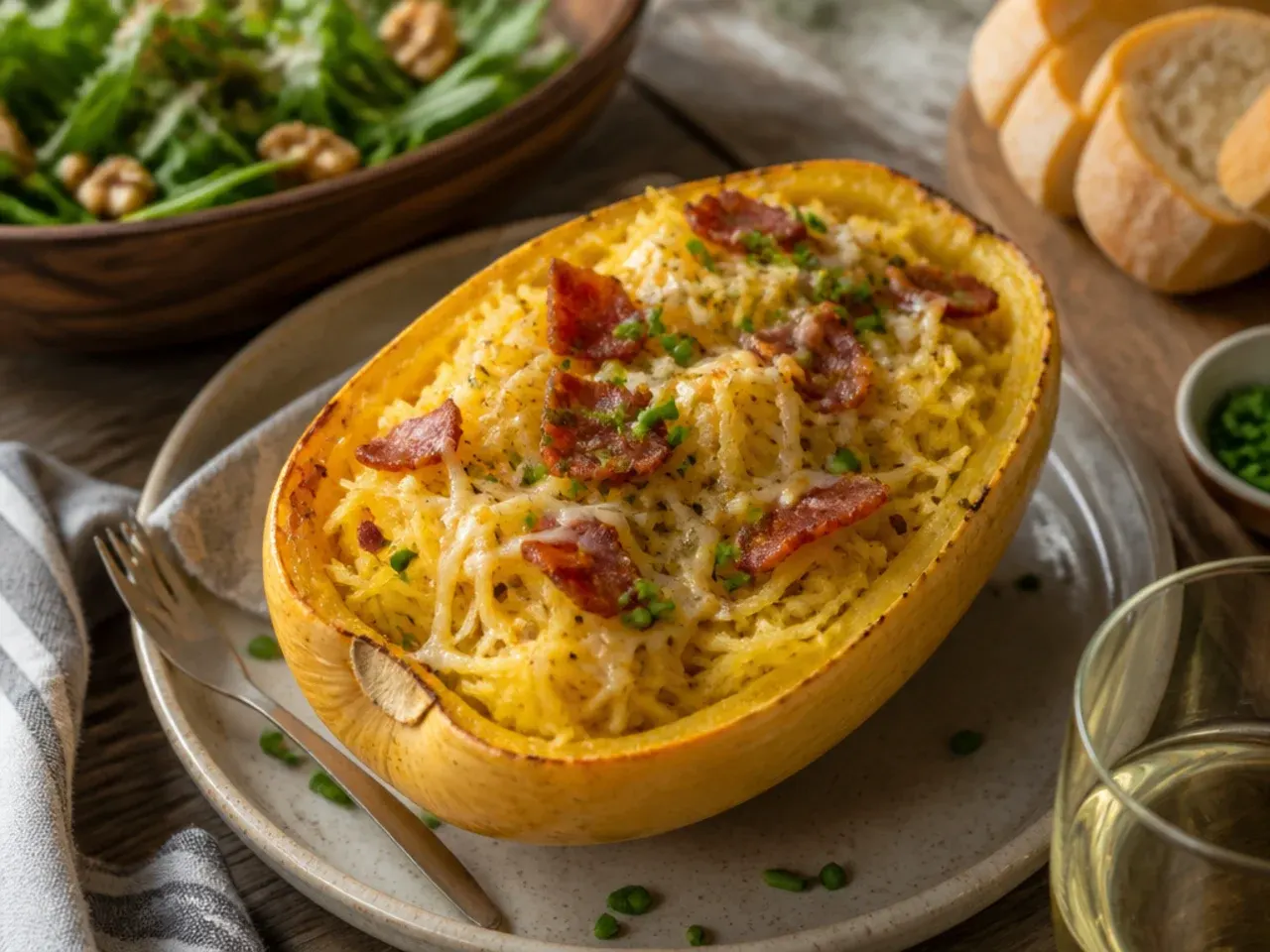 Spaghetti squash dinner plated with a green salad and crusty garlic bread
