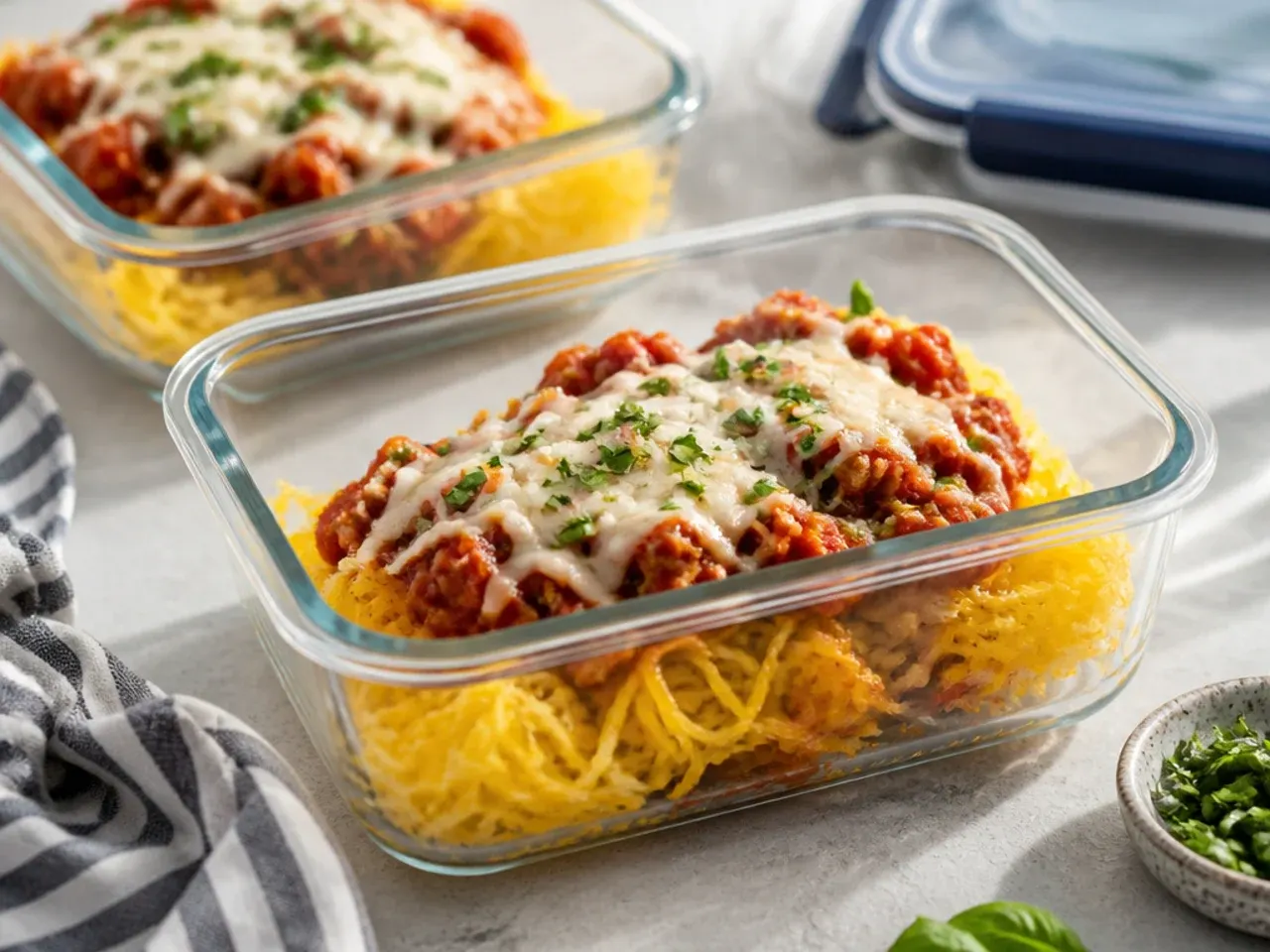 Shredded spaghetti squash strands stored in a glass airtight container