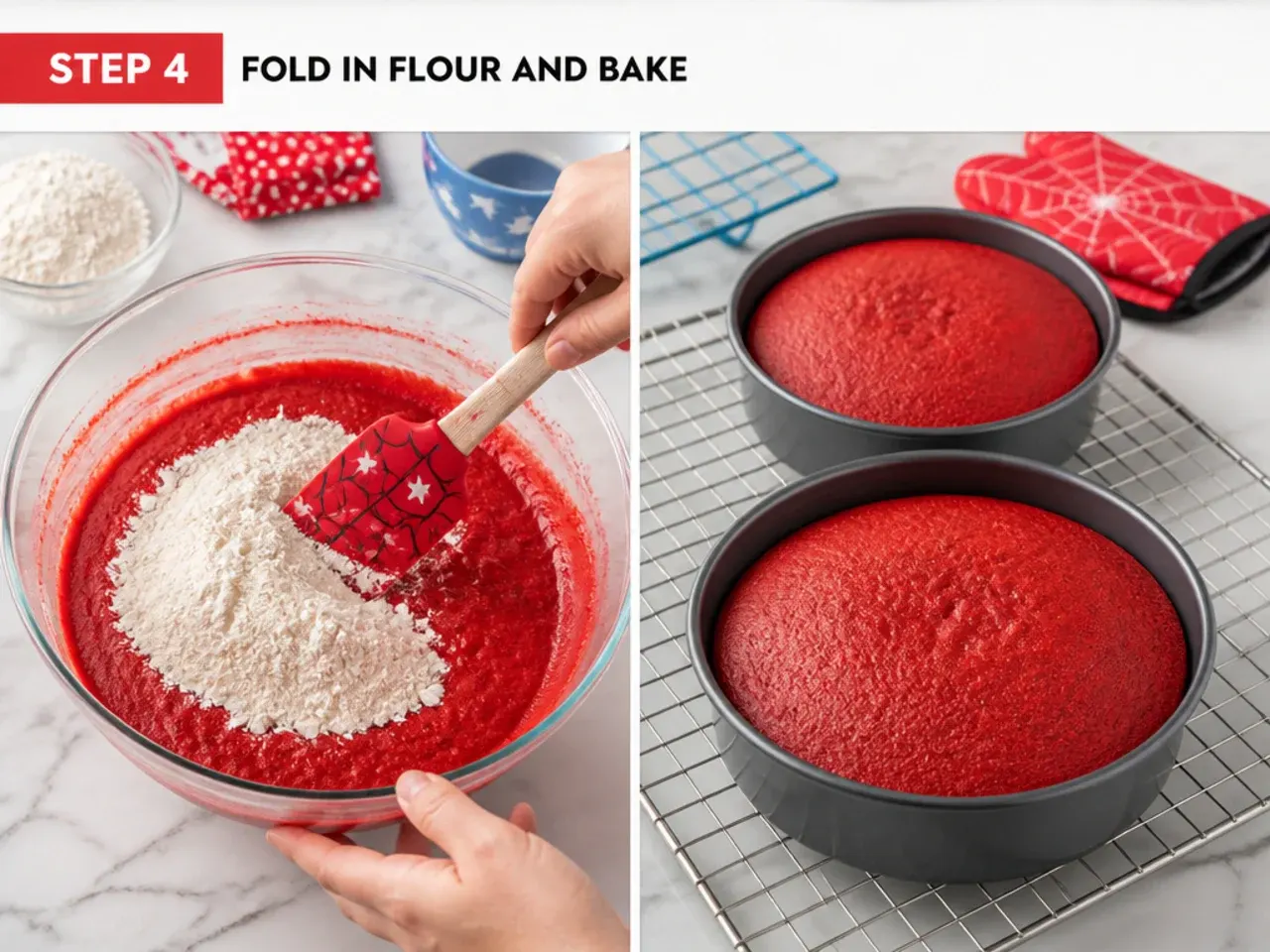 easy spiderman cake — step 4: fold in flour and bake
