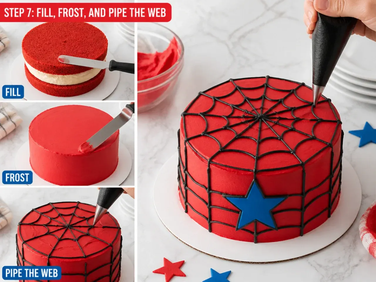 easy spiderman cake — step 7: fill, frost, and pipe the web