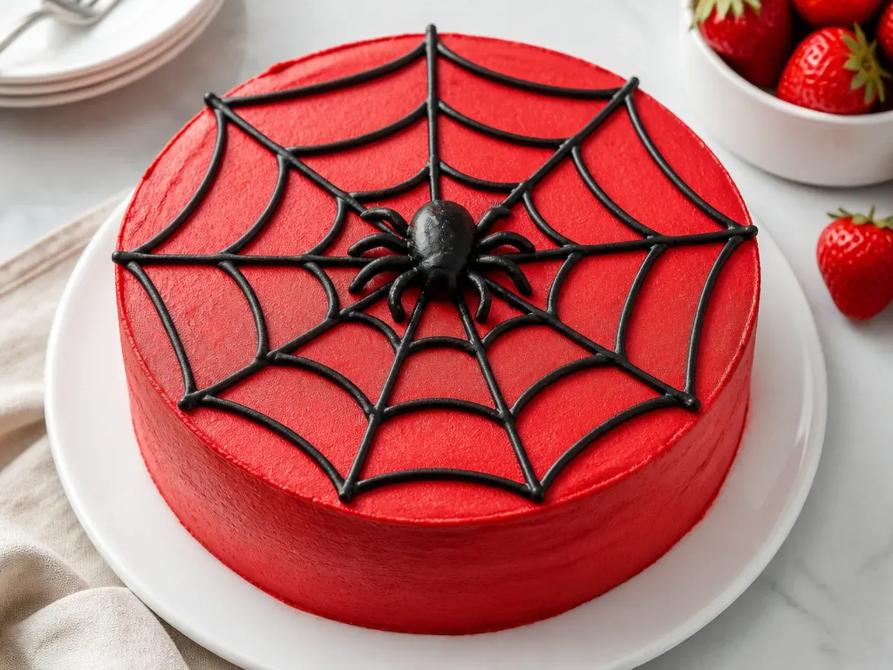 Easy Spiderman cake with red buttercream and black piped spider web on top
