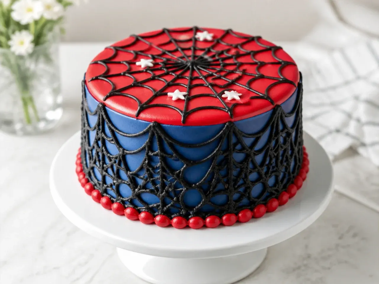 Elegant Spiderman themed cake with black royal icing web lace panels