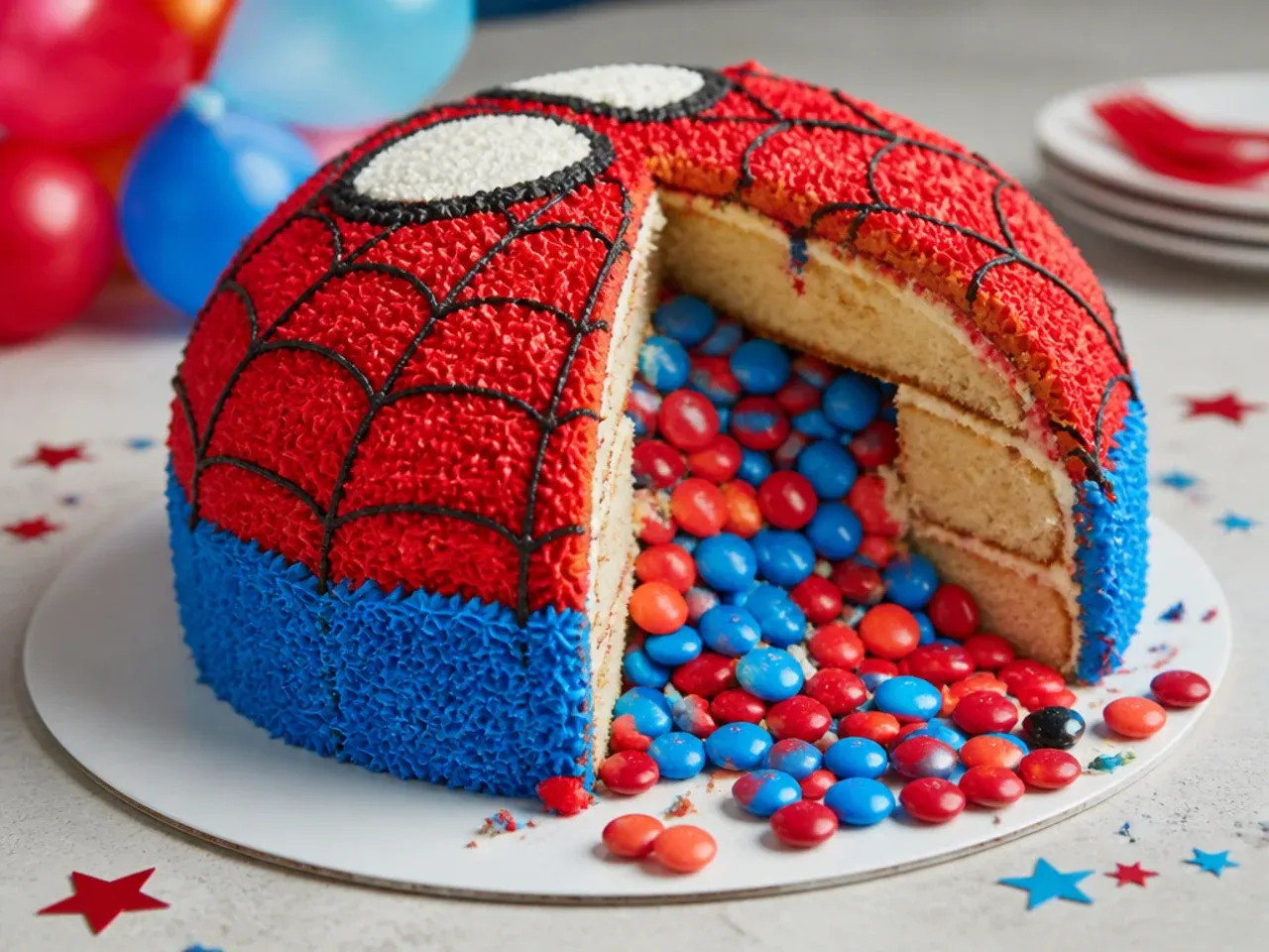 Pinata style Spiderman birthday cake cut open with red and blue candy spilling out