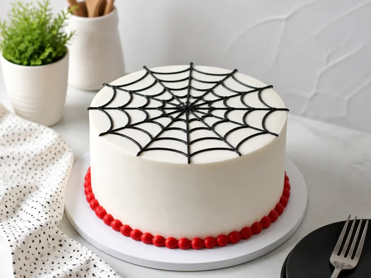 Modern minimalist Spiderman cake with single black web on white buttercream