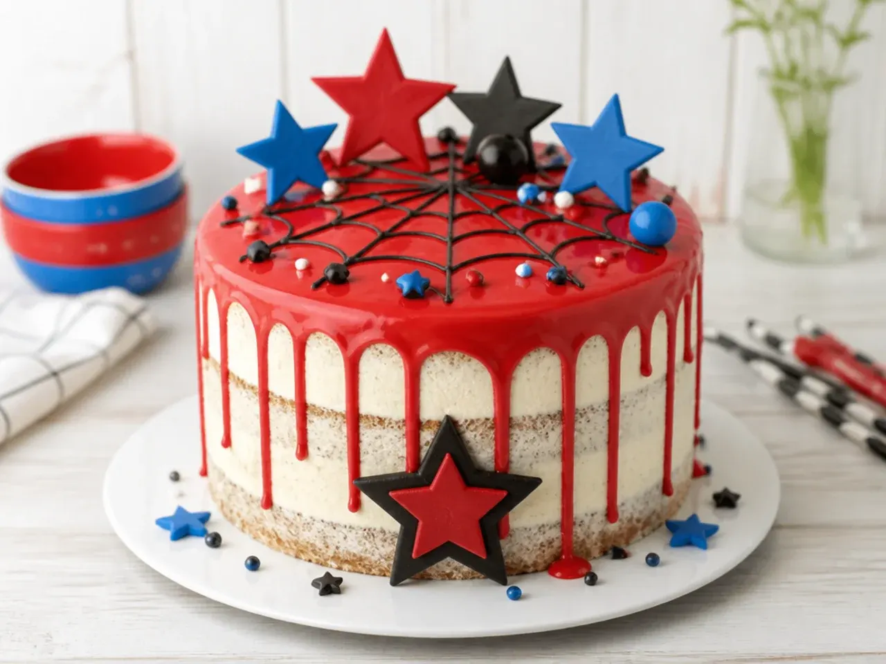 Rustic semi naked Spiderman cake with red candy melt drip