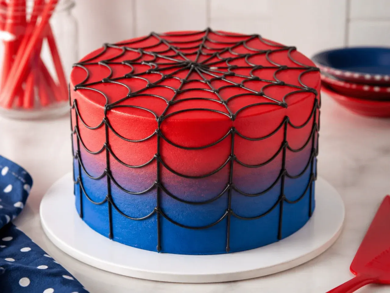 Colorful ombre Spiderman cake blending red to blue buttercream with web piping
