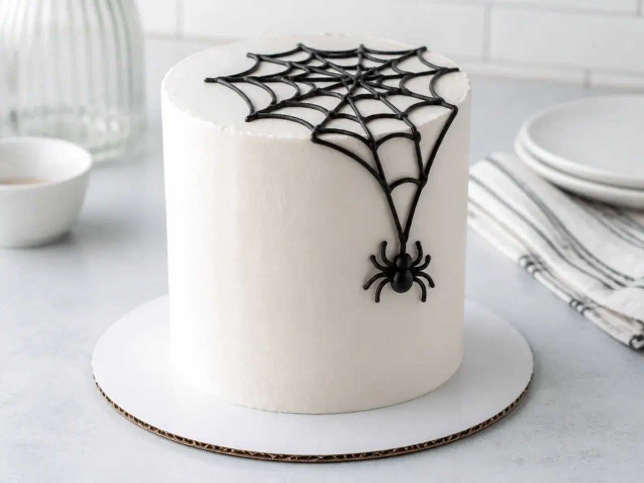 Minimal white Spiderman inspired cake with one small black web and sugar spider