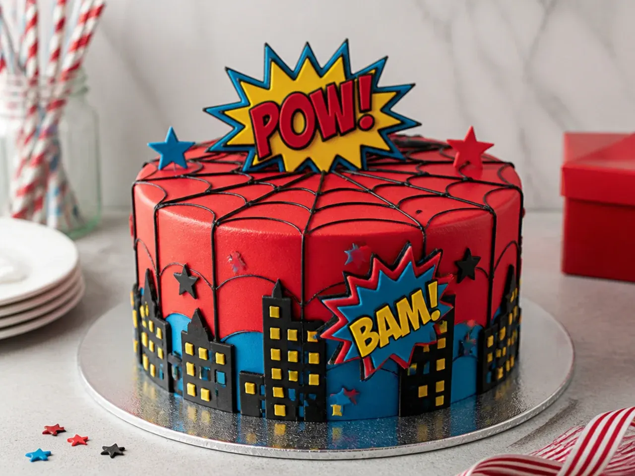 Festive comic book style Spiderman cake with POW starburst fondant toppers