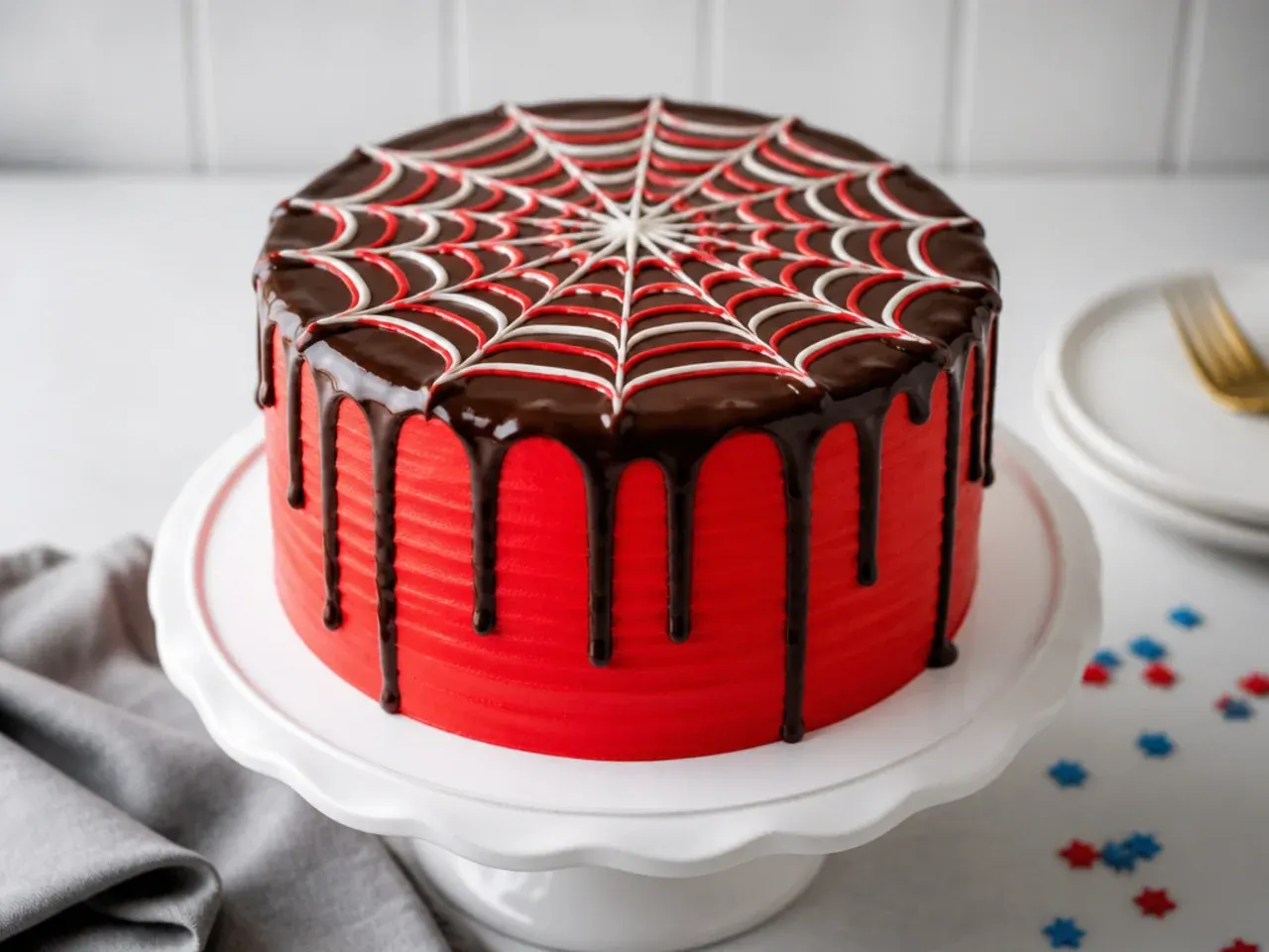 Bold red Spiderman cake with black chocolate ganache drip and web top