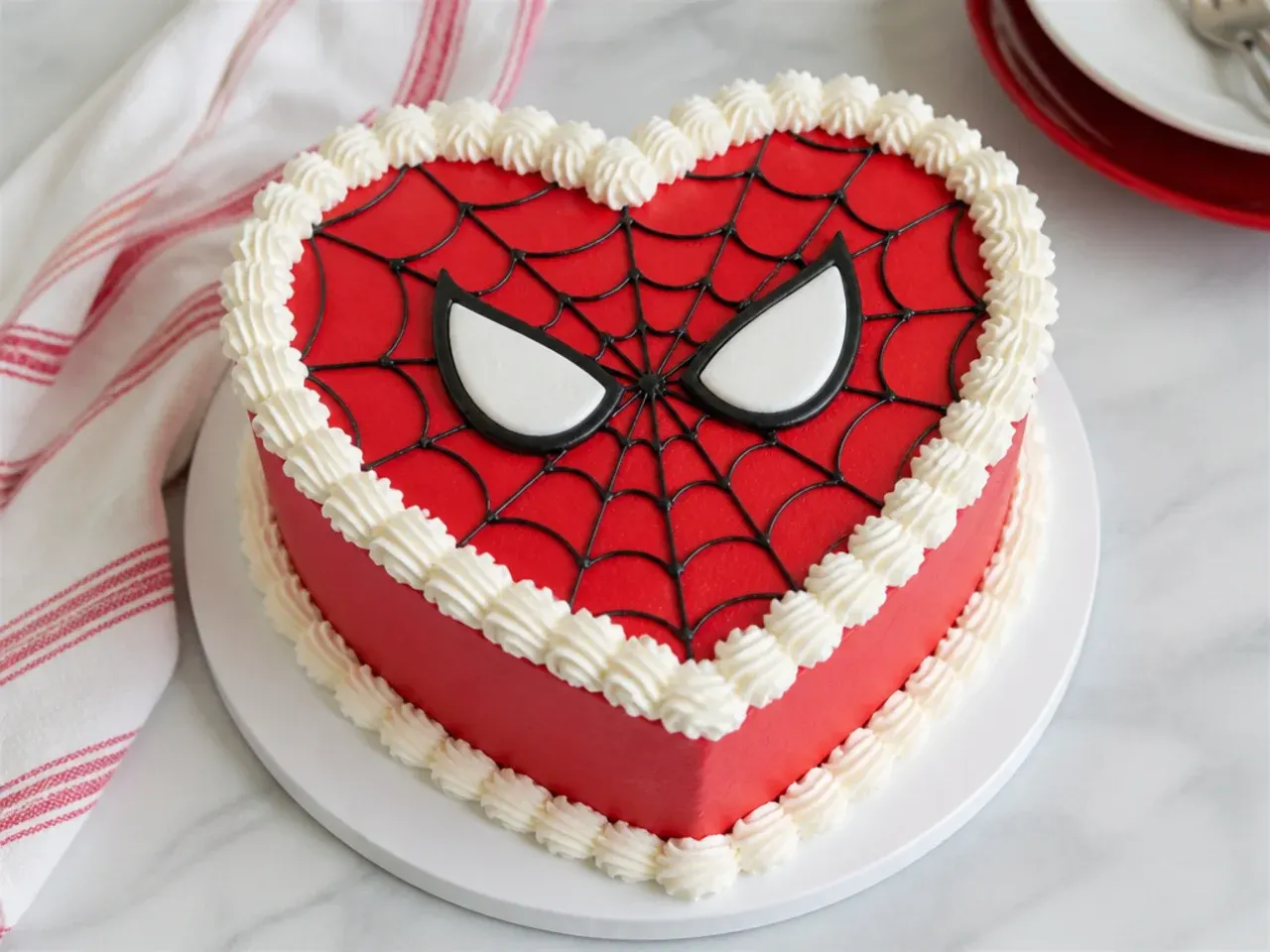 Vintage style red heart shaped Spiderman cake with white shell piping