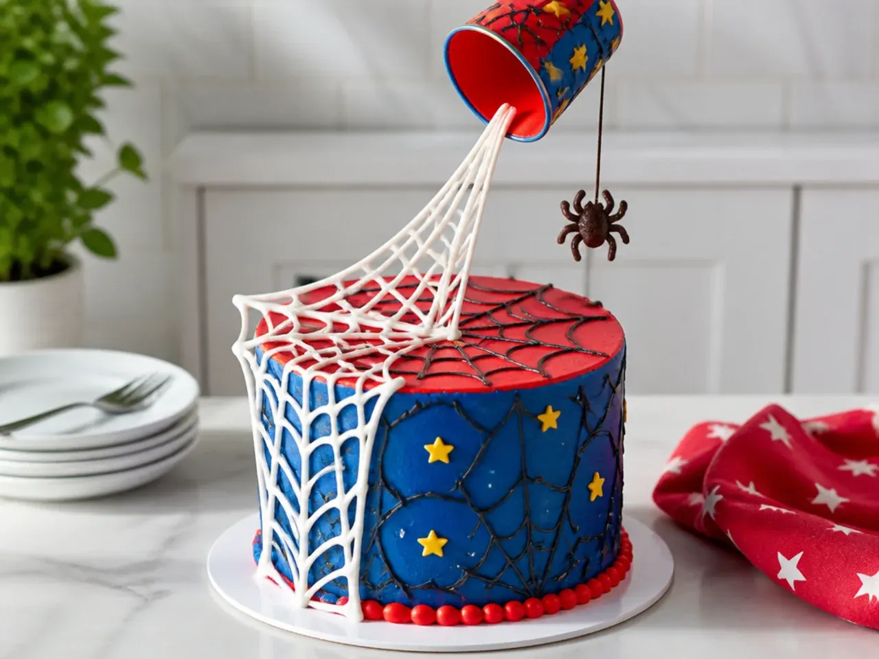 Creative gravity defying Spiderman cake with candy web and hanging chocolate spider