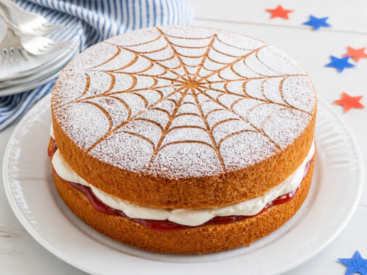 Classic Victoria sponge Spiderman cake with icing sugar web stencil design