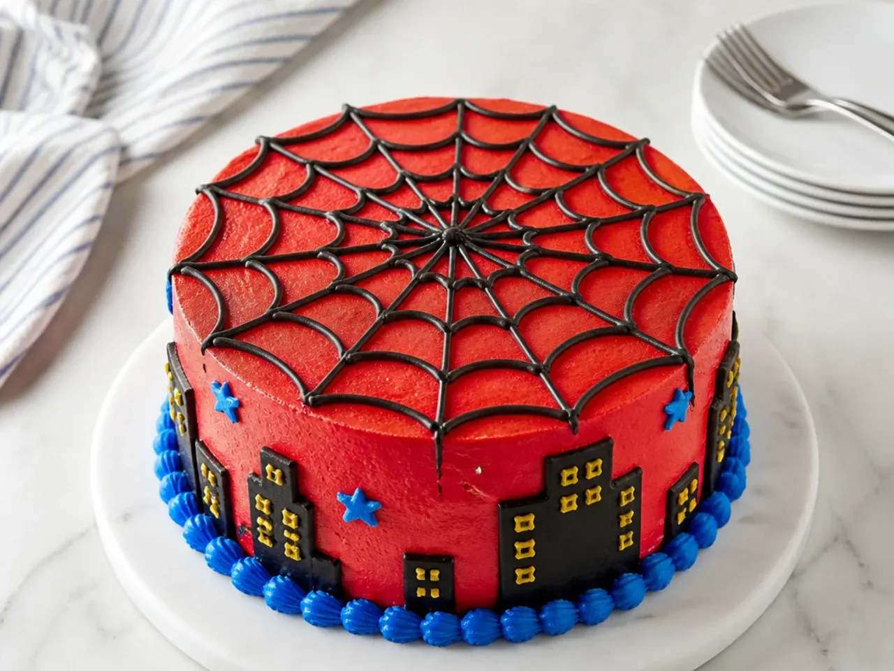Quick and easy Spiderman cake hack using decorated supermarket cake with piped web