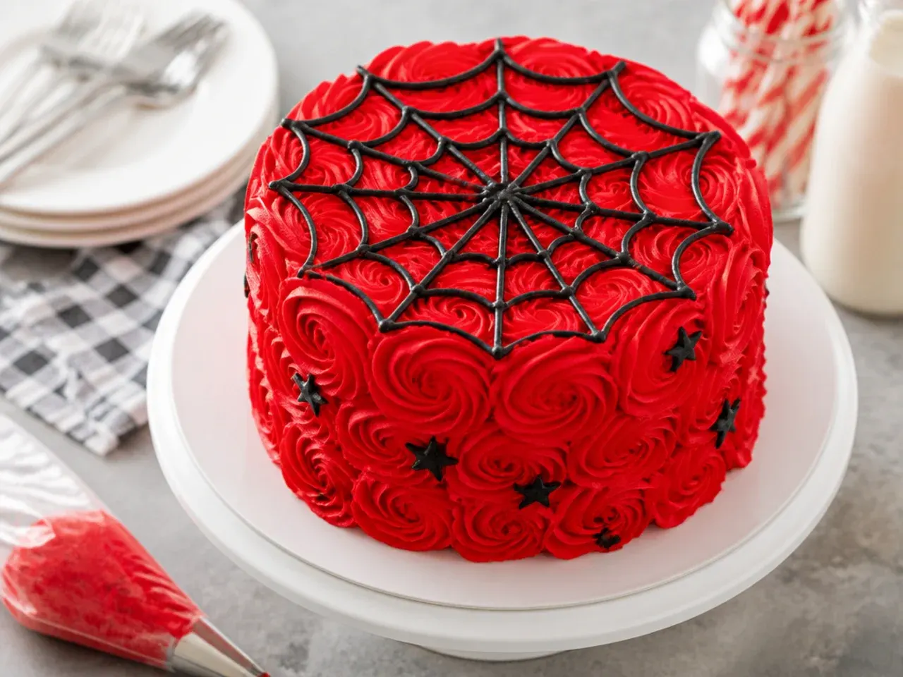 Elegant red rosette buttercream Spiderman cake with black web crown
