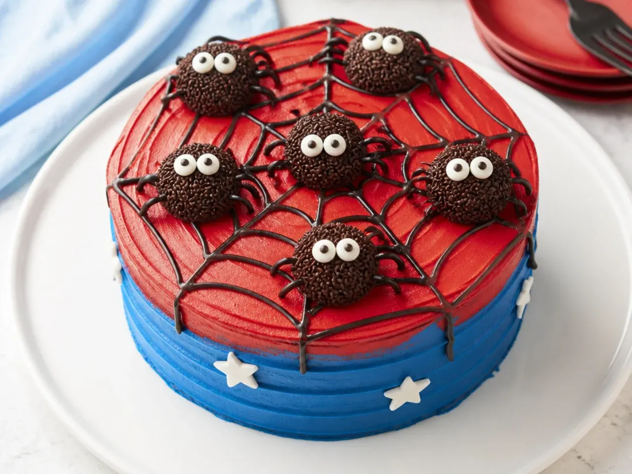 Playful mini Spiderman cakes topped with chocolate truffle spiders and candy eyes