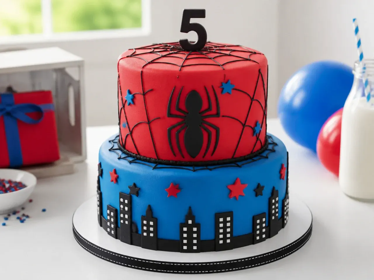 Modern two tier Spiderman birthday cake in red and blue colour blocks with web band
