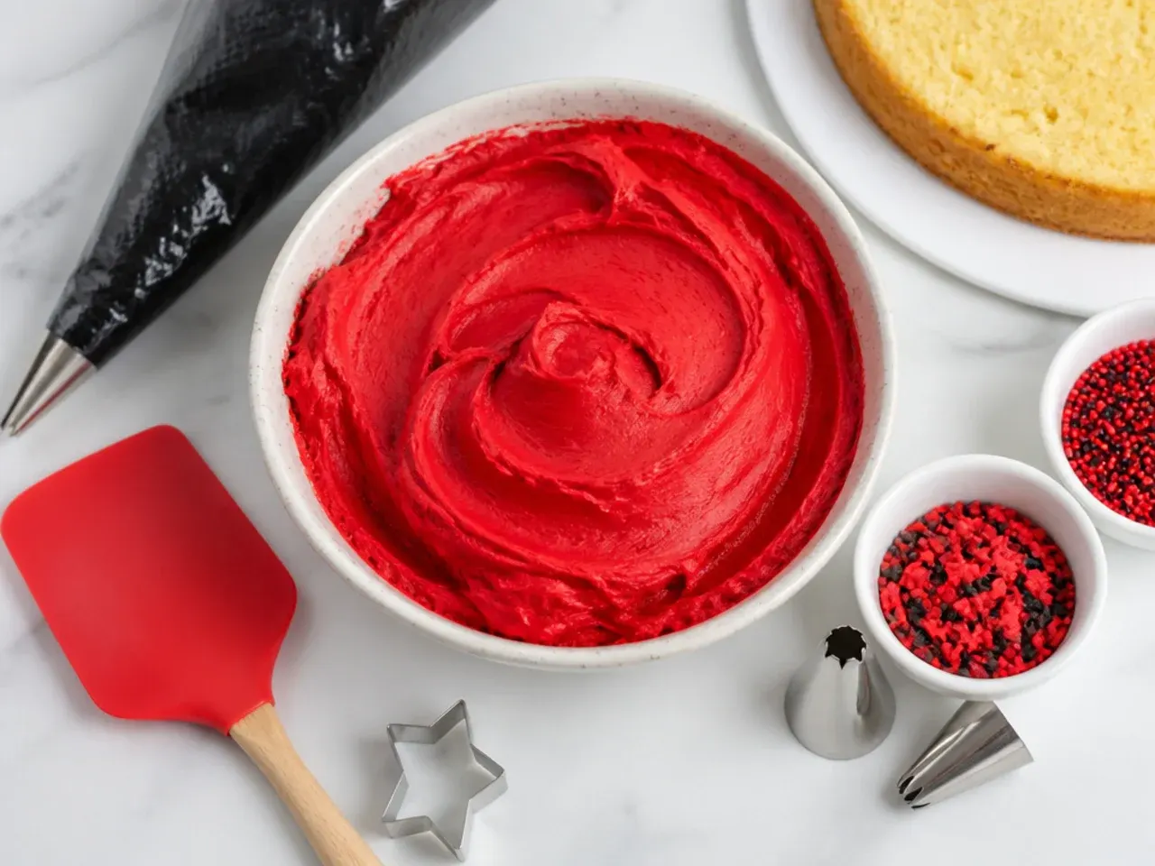 Decorating tools and red buttercream for making an easy Spiderman cake at home