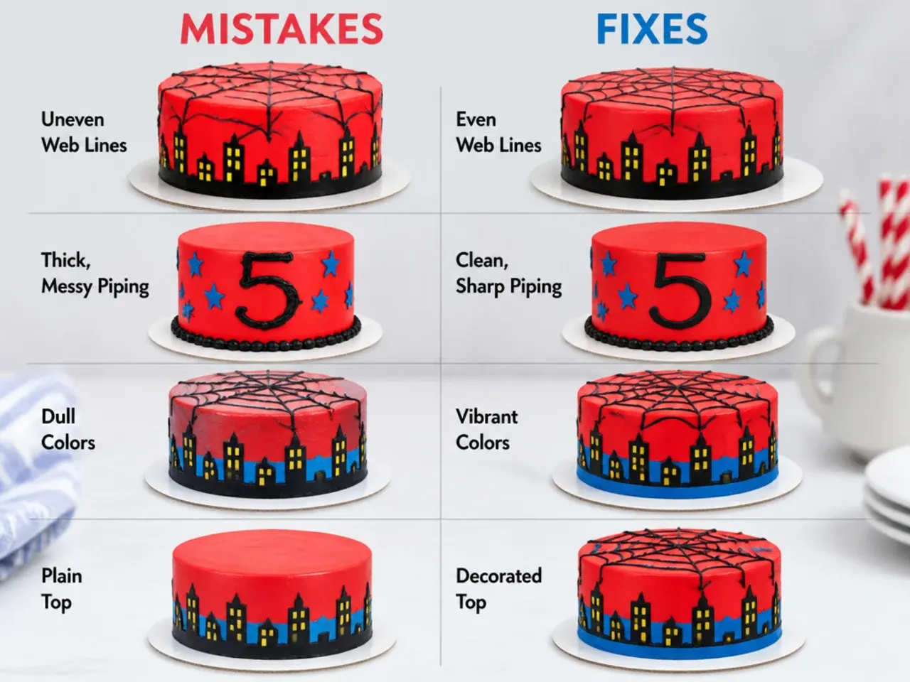 Side by side comparison of common Spiderman cake decorating mistakes and fixes