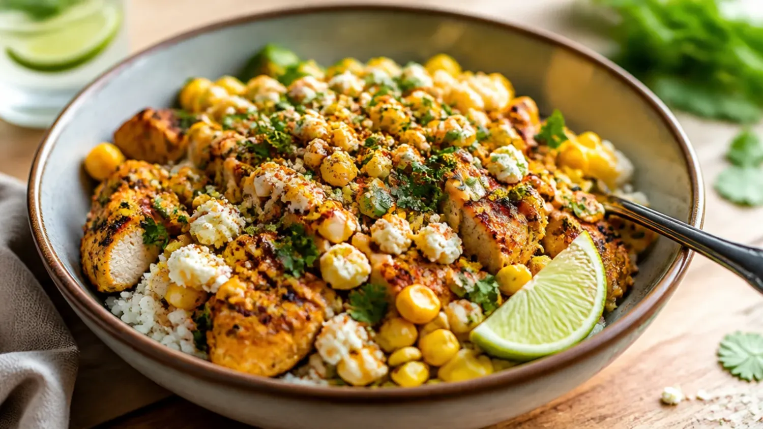 Overhead shot of an easy street corn chicken rice bowl with charred corn, sliced spiced chicken, rice, crumbled cheese and lime wedges
