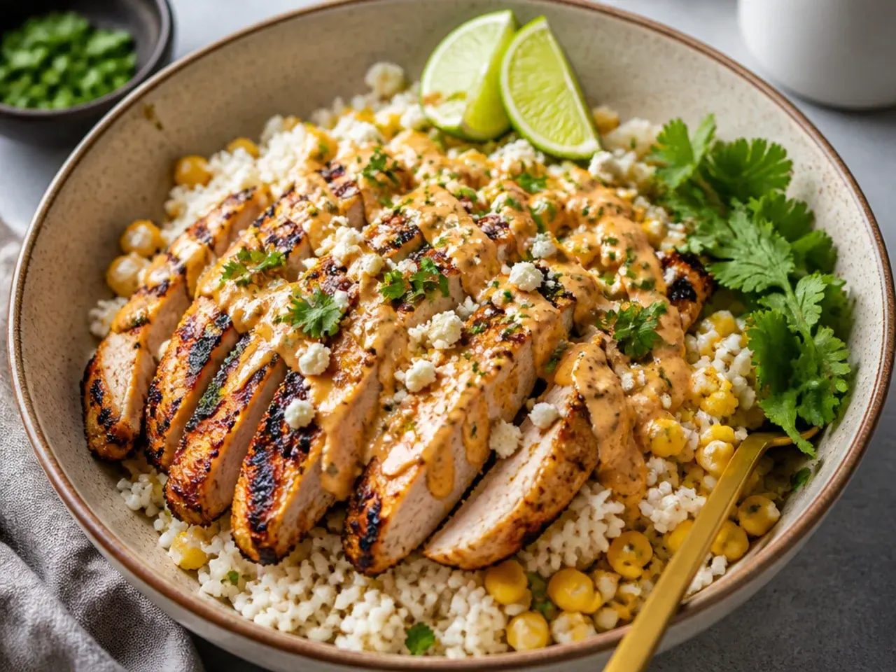 Close-up of a street corn chicken rice bowl showing charred corn, sliced chicken and rice