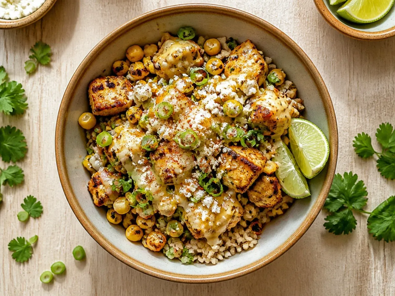Classic street corn chicken rice bowl topped with lime and coriander