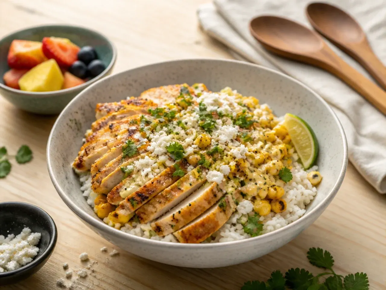 Simple shortcut street corn chicken bowl with microwave rice