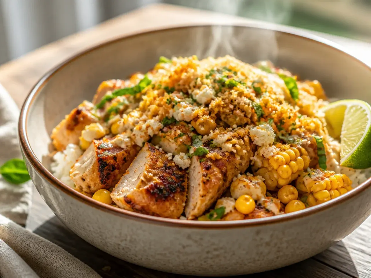 Creamy chipotle-dressed street corn spooned over chicken and rice