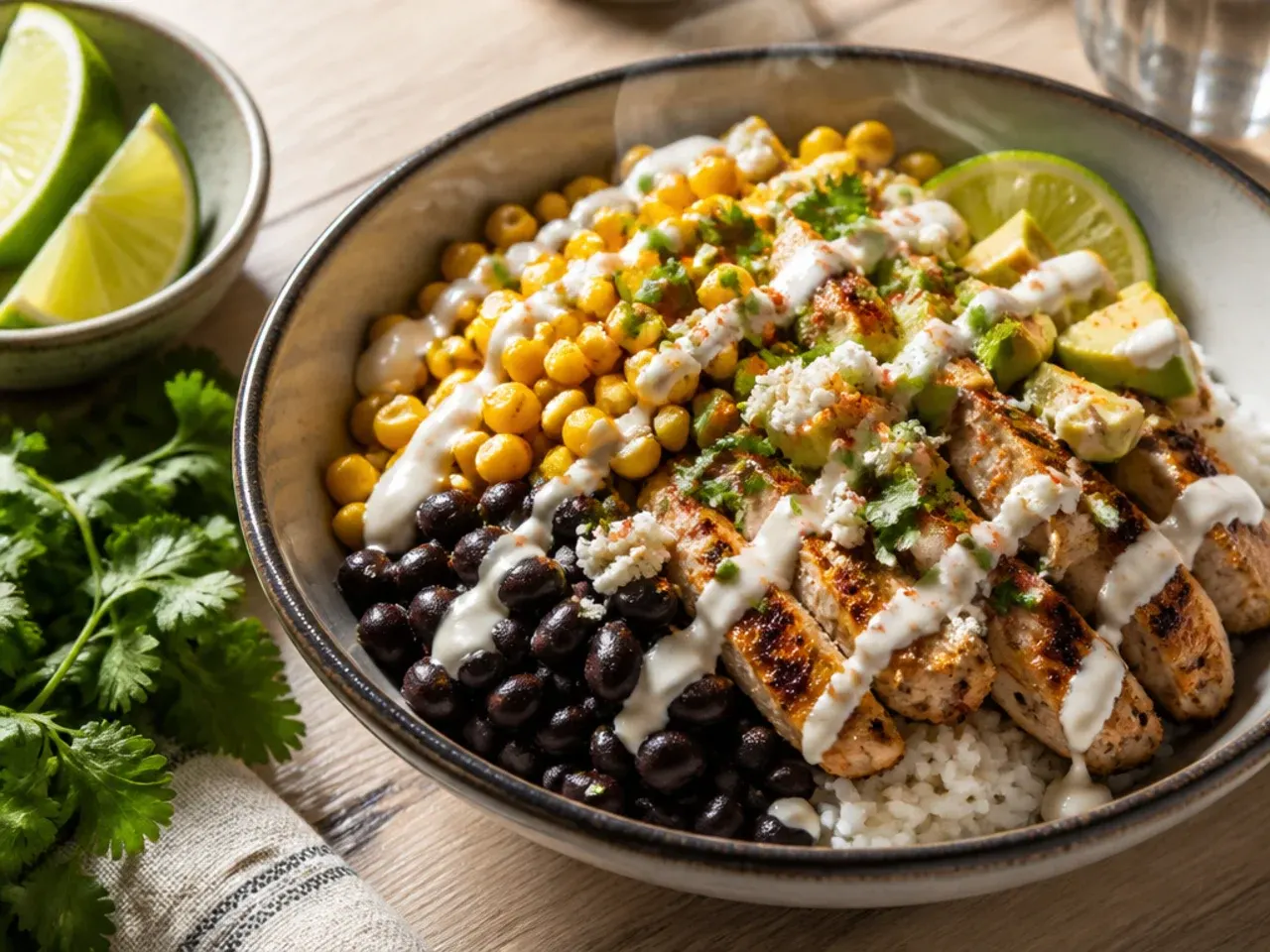 Loaded street corn chicken bowl with black beans and avocado
