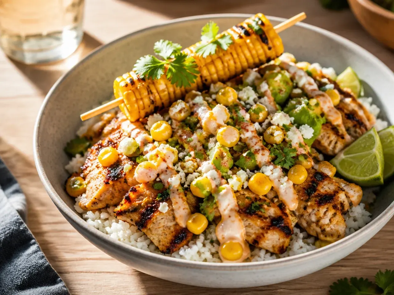 Grilled corn cobs and chicken thighs on a barbecue for street corn bowls