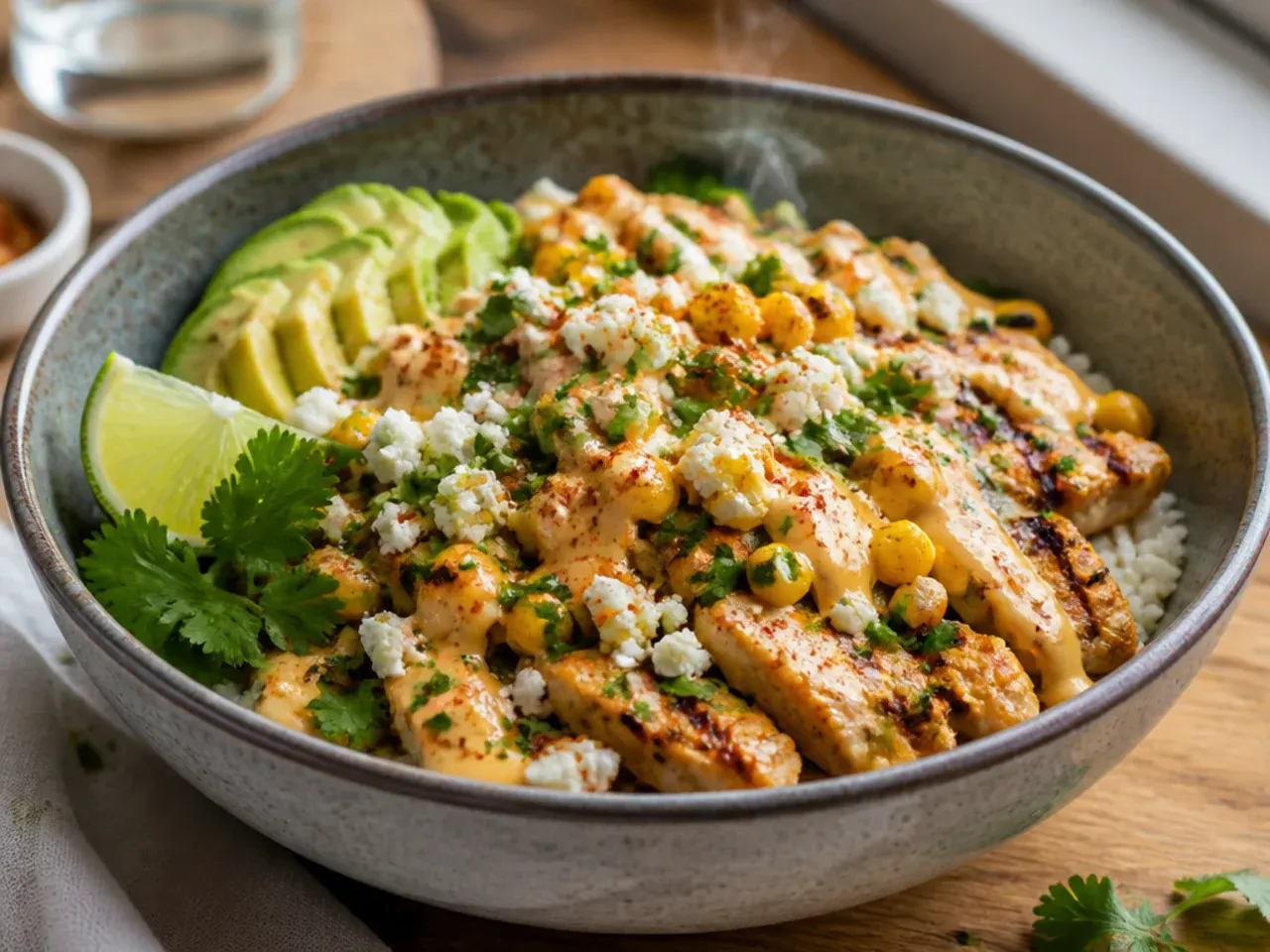 Melted queso cheese sauce drizzled over a street corn chicken bowl