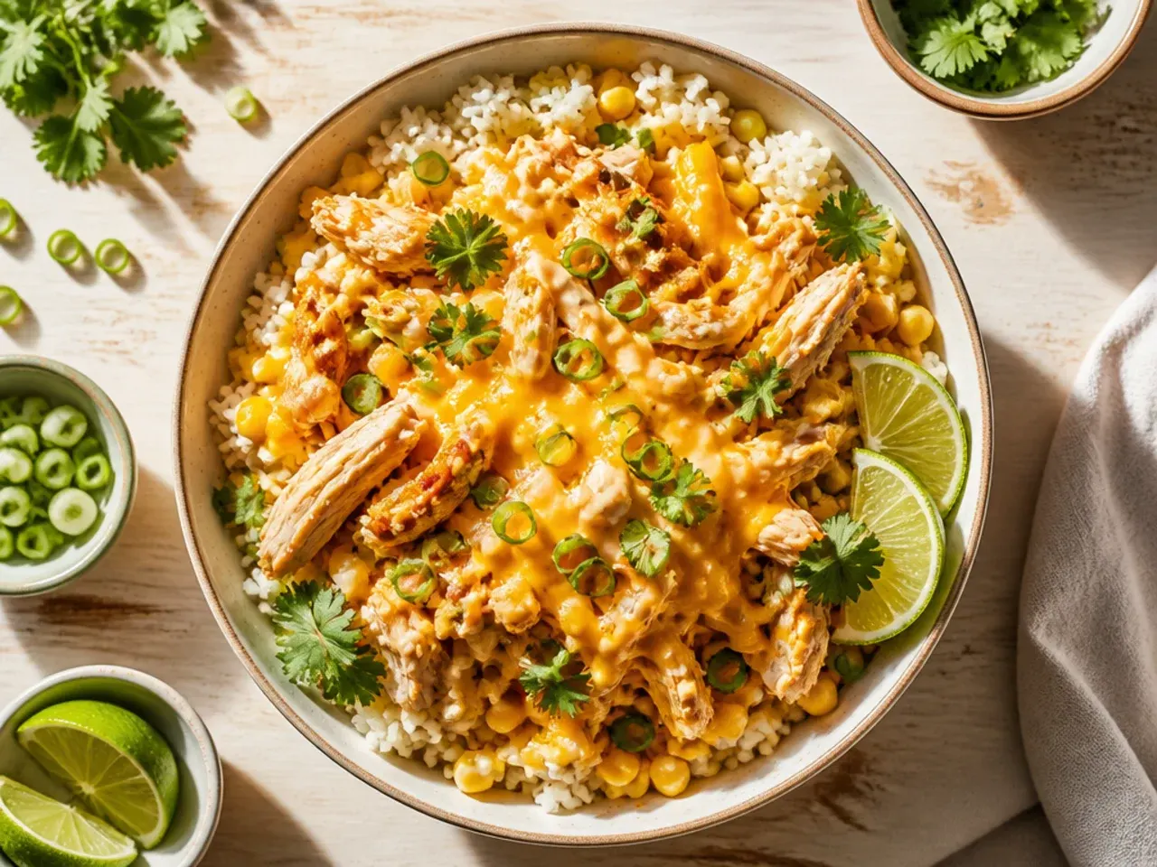Budget street corn bowl made with rotisserie chicken and tinned corn