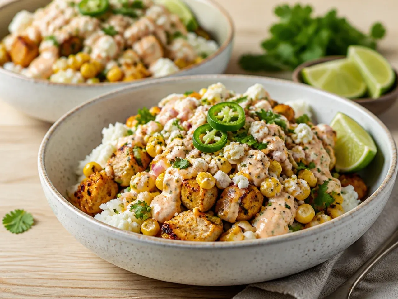 Buffet-style spread of street corn chicken bowl ingredients for a crowd