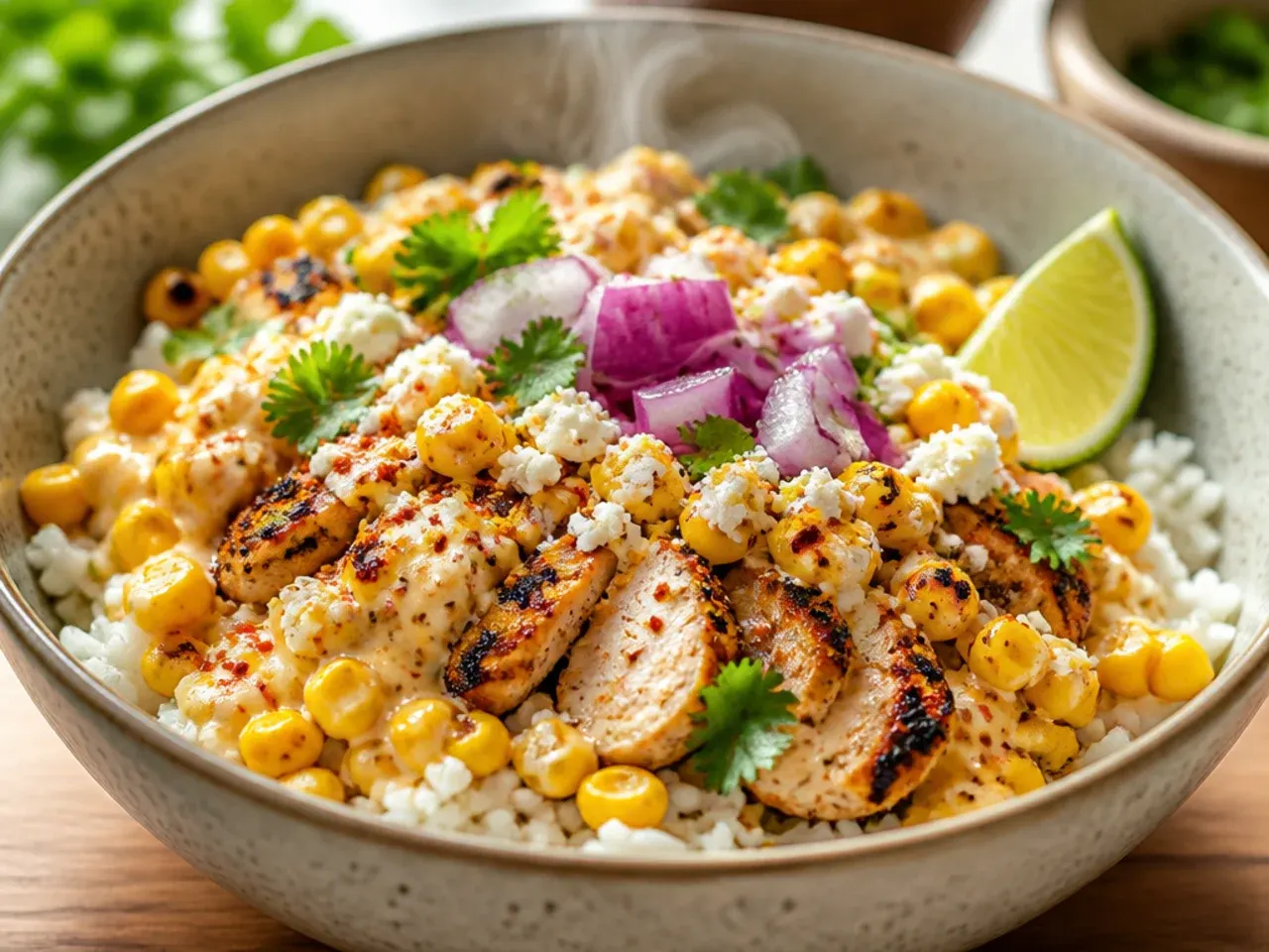 Meal prep containers filled with street corn chicken rice bowls