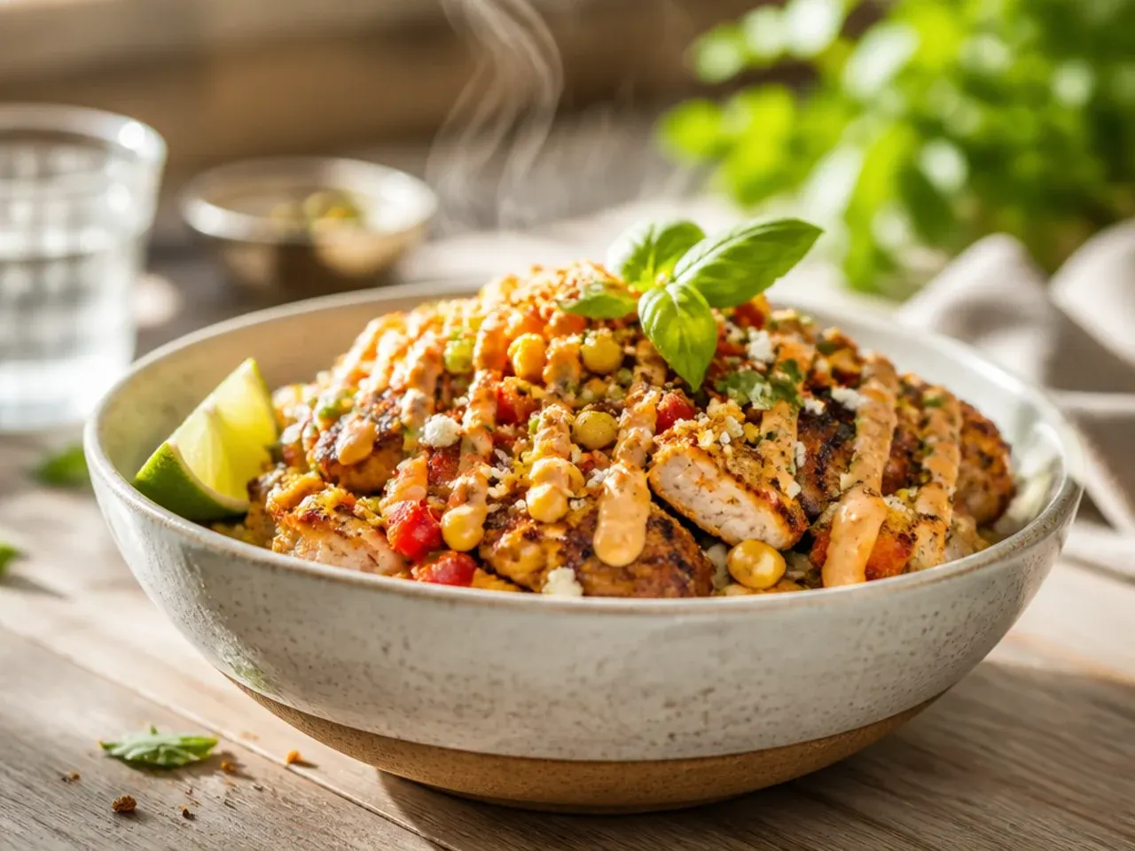 Colourful festive street corn chicken bowl with pickled onion and guacamole