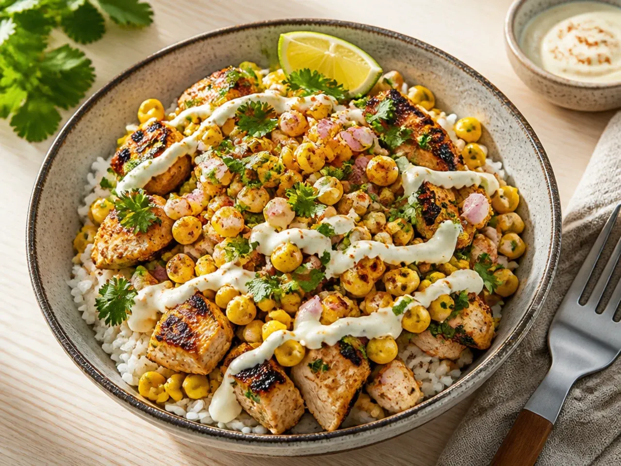 Quick weeknight street corn chicken bowl ready in fifteen minutes