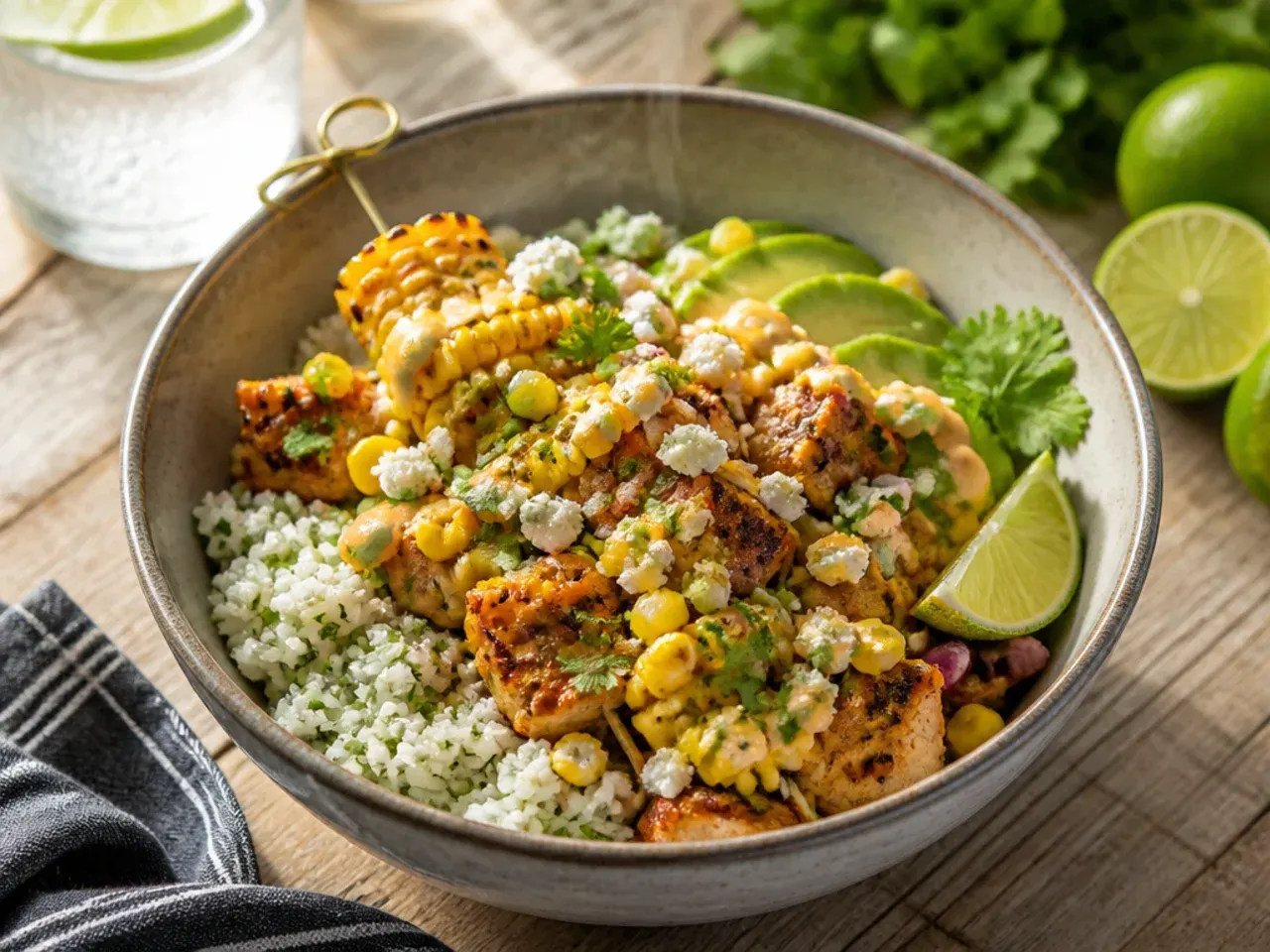 Bowl of cilantro-lime rice topped with street corn chicken