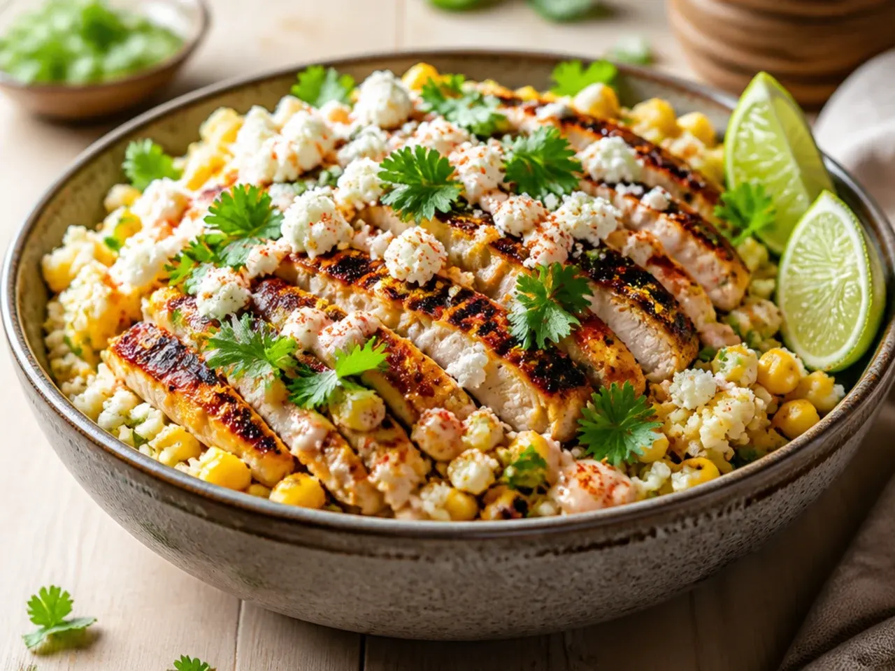 Cauliflower rice street corn chicken bowl as a lower-carb option