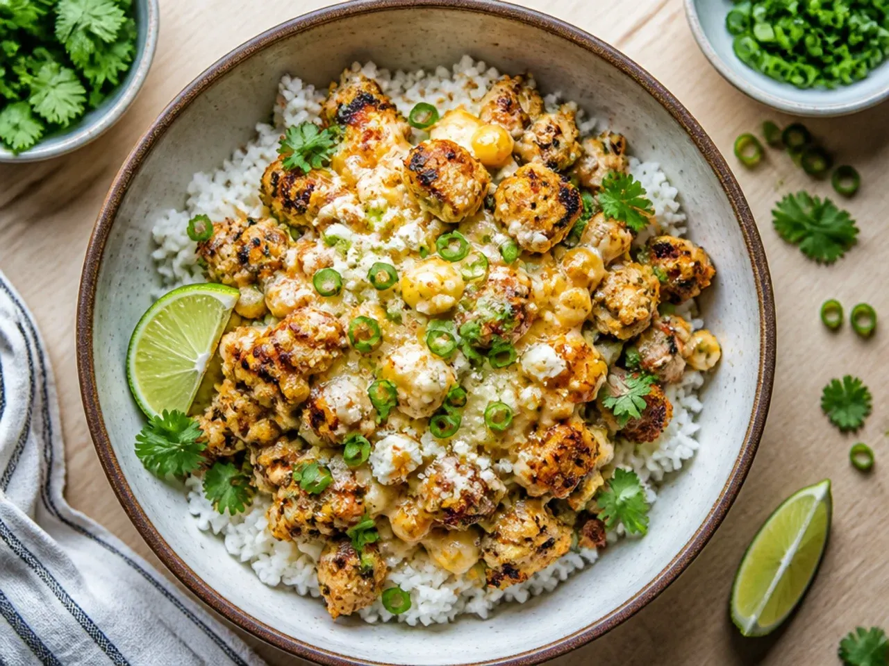 Air fryer basket with seasoned chicken thighs for street corn bowls
